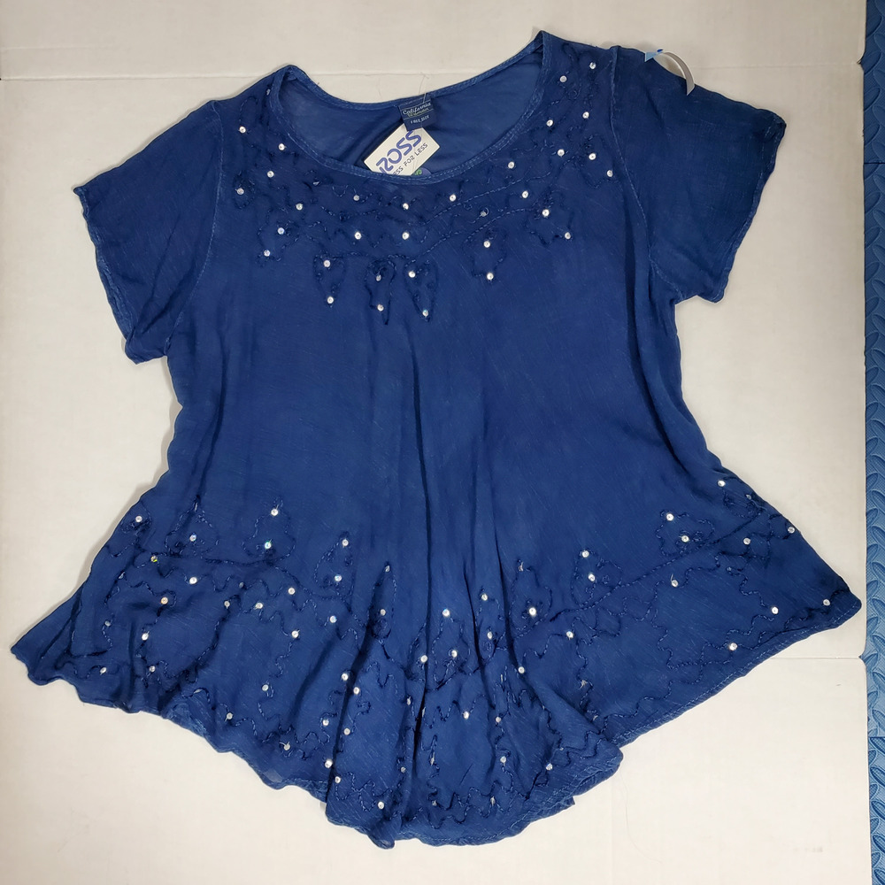 California Woman Tunic Top Blue Embroidered Sequin Short Sleeve Free Size New